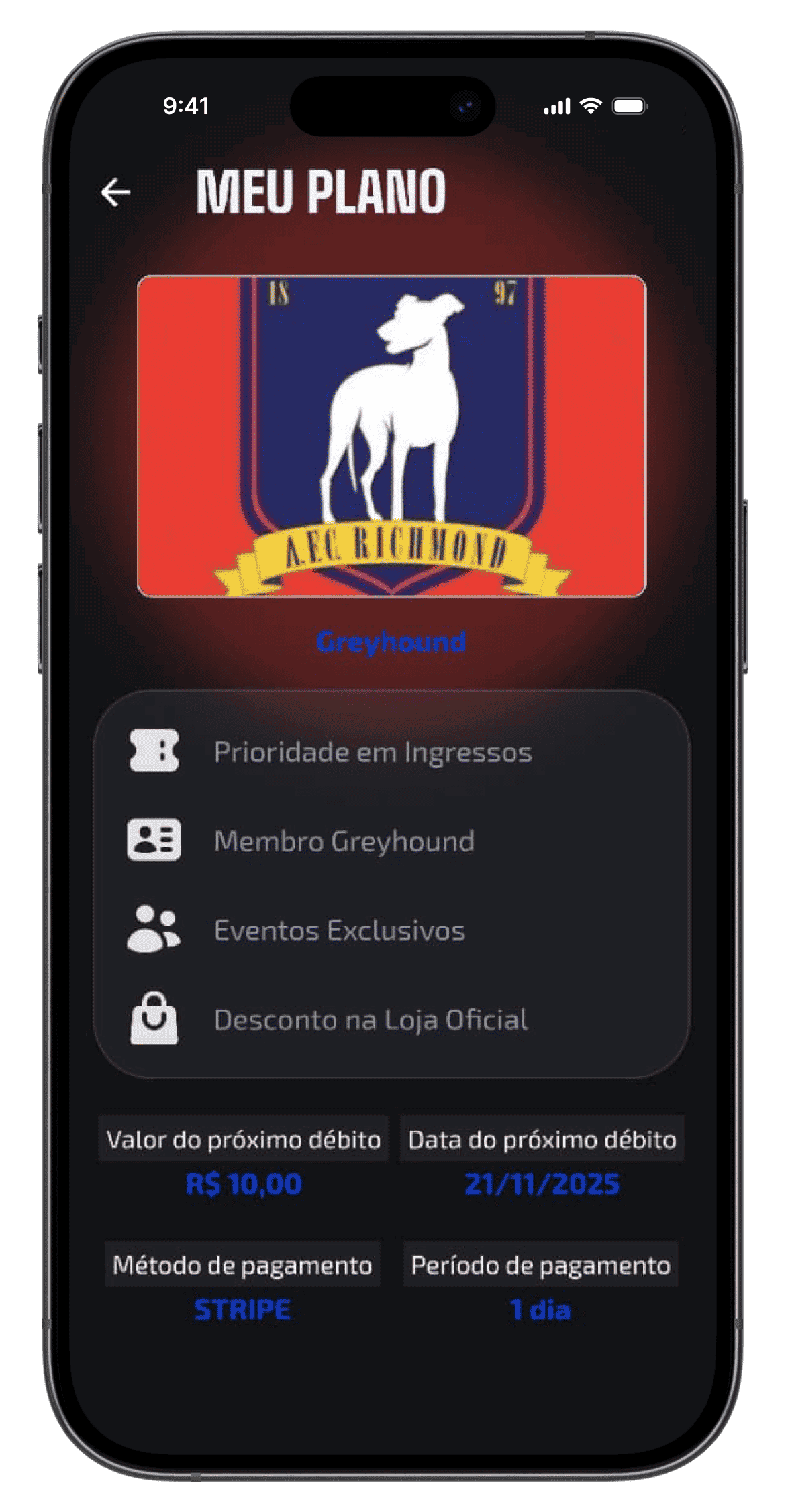 Interface de gerenciamento de assinaturas e experiências no app